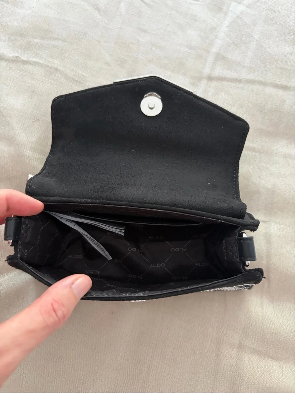 ALDO Black Suede & Silver Rhinestone Geometric Top Handle Evening Clutch